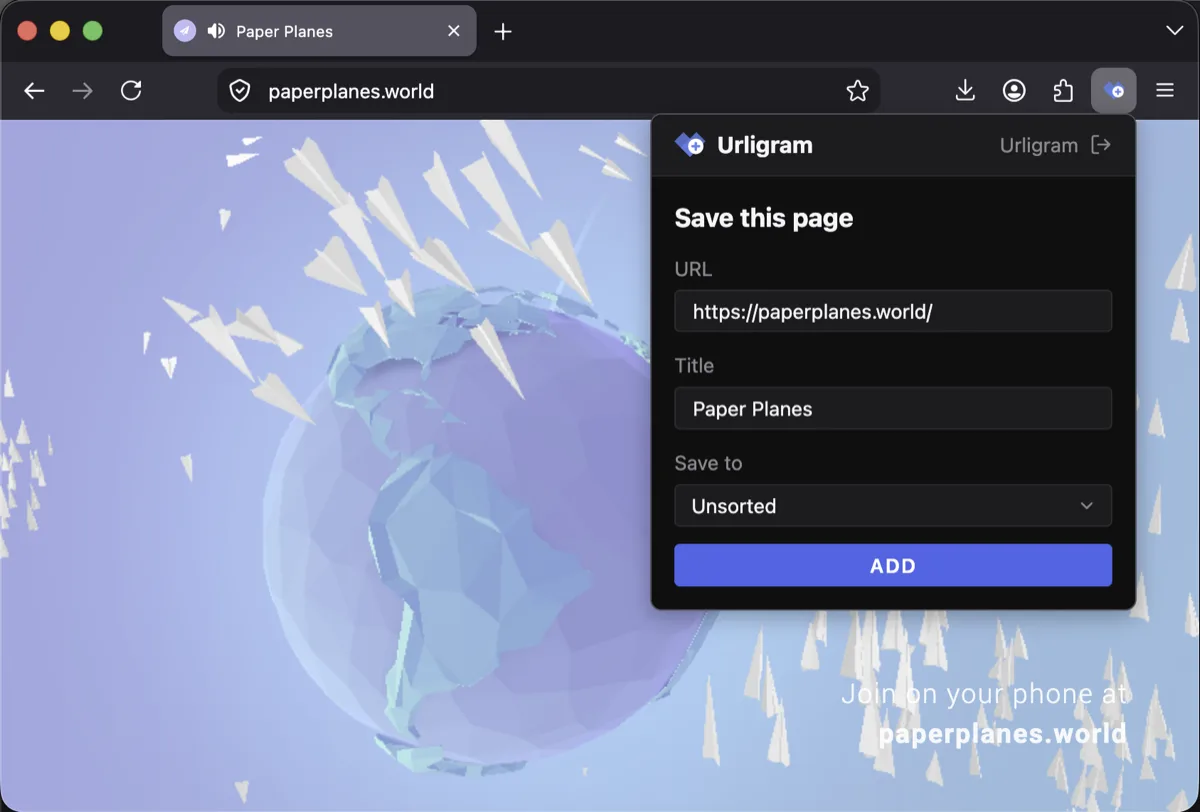 The Save popup open on a page, ready to save it into a list.