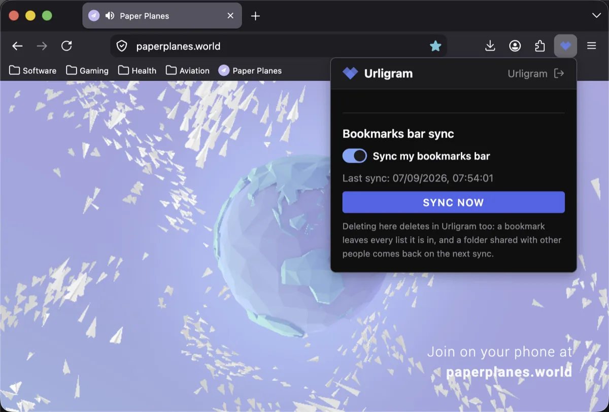 The Sync popup open, with bookmarks bar sync turned on.